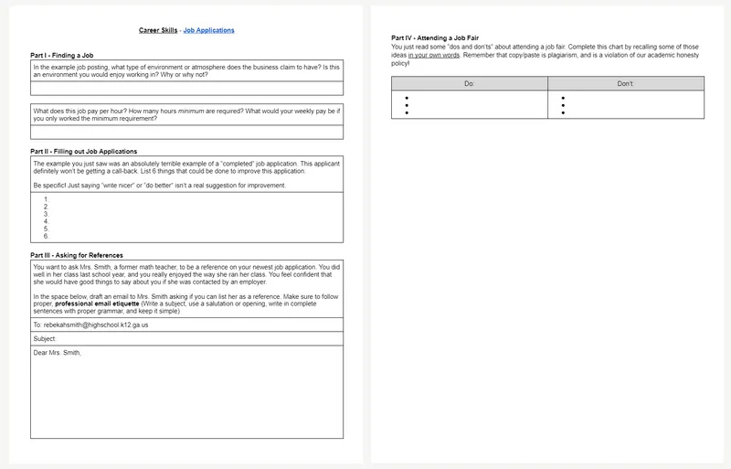 Screenshot of the KASH+ Job Applications student worksheet