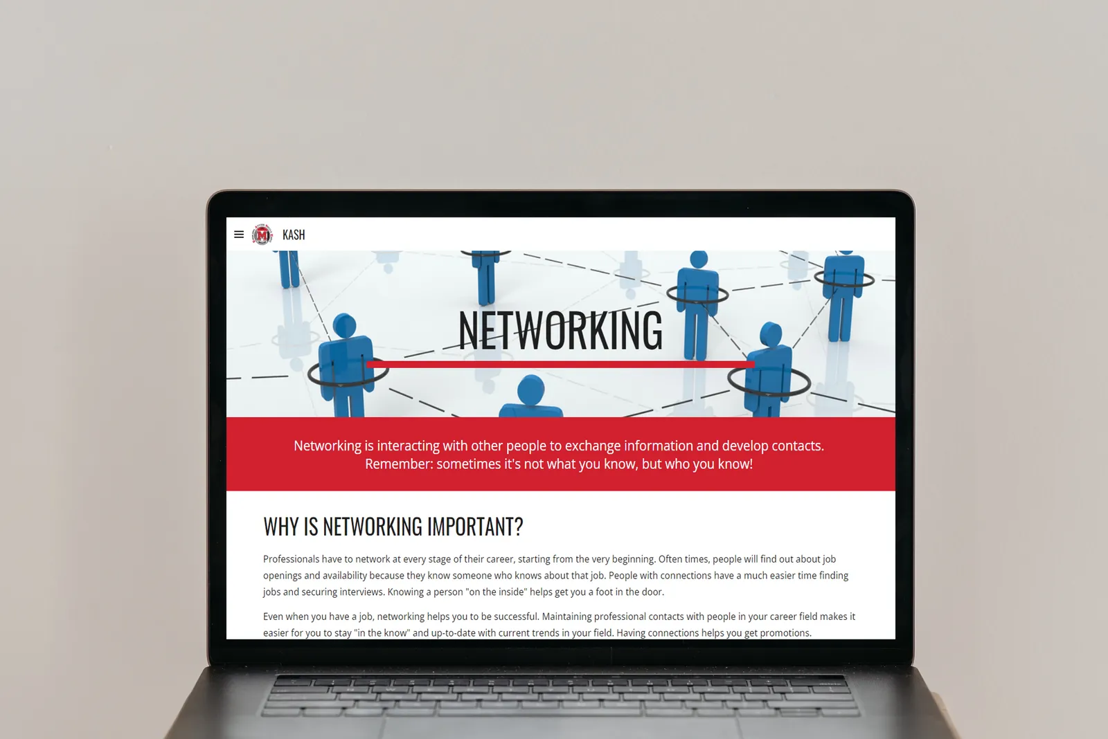 A laptop showing a KASH lesson page titled Networking