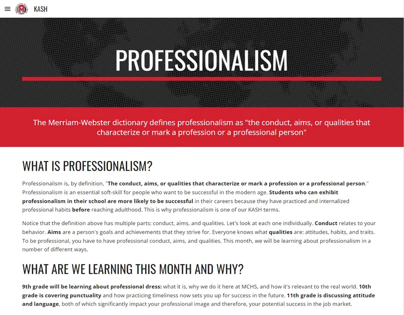 Screenshot of the Professionalism lessons overview page
