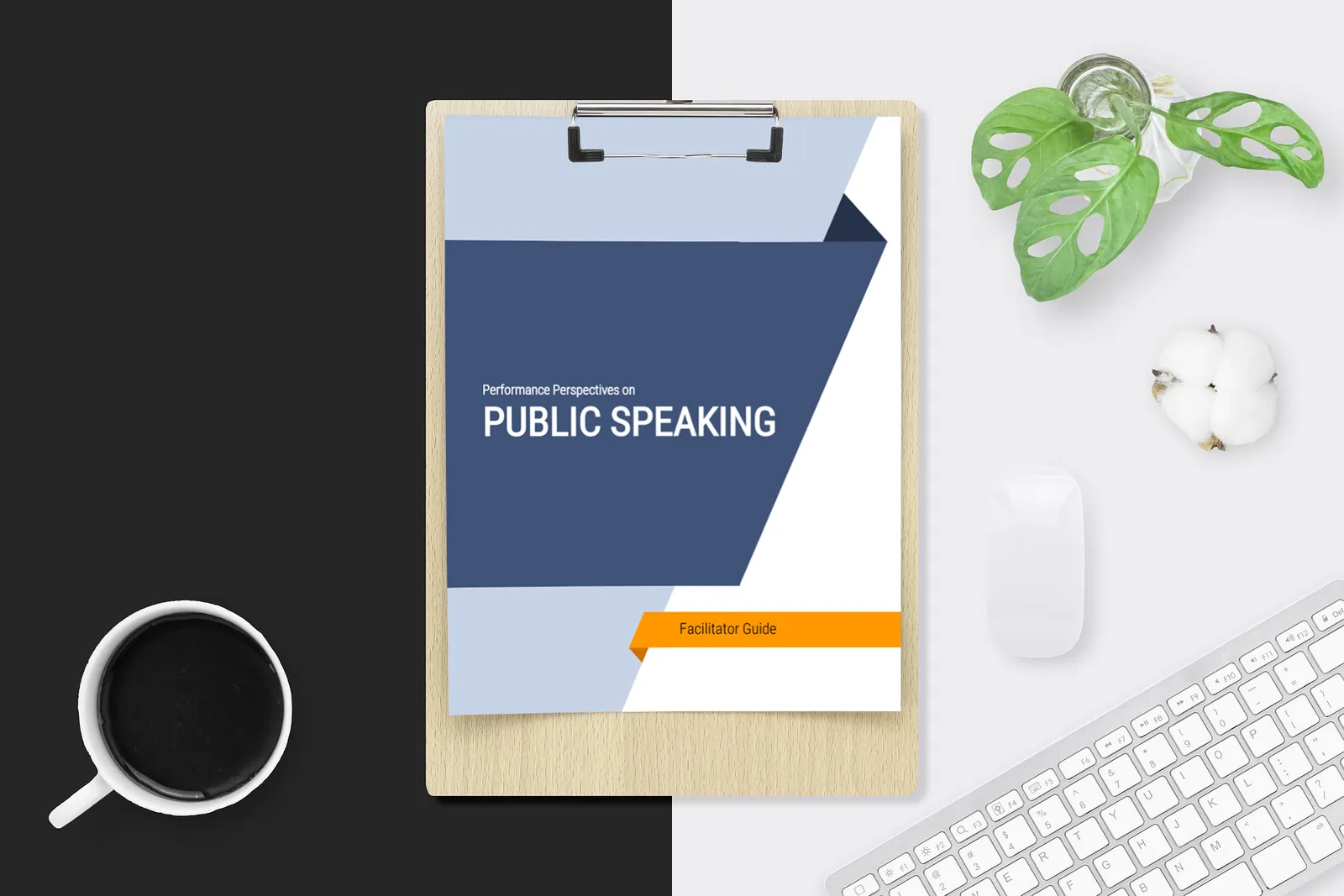 A clipboard holding the Performance Perspectives on Public Speaking facilitator guide