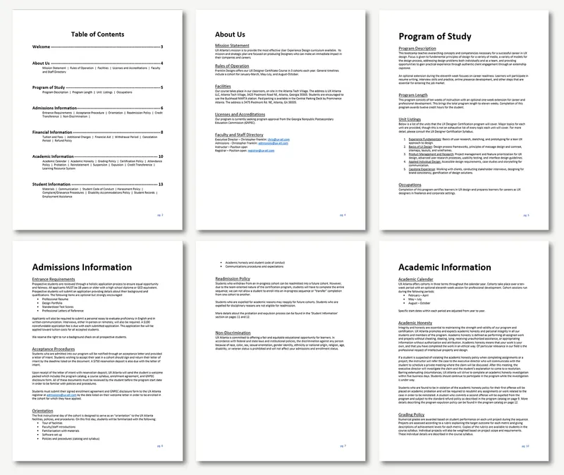 Sample pages from the institution catalog